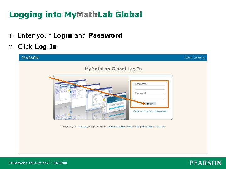 Logging into My. Math. Lab Global 1. Enter your Login and Password 2. Click