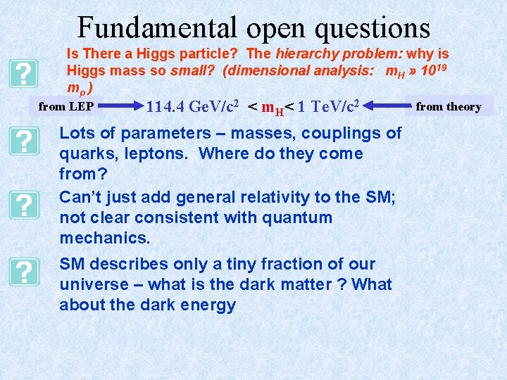 Fundamental open questions Is There a Higgs particle? The hierarchy problem: why is Higgs