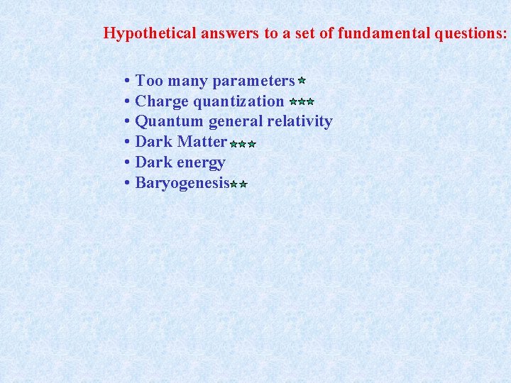 Hypothetical answers to a set of fundamental questions: • Too many parameters • Charge