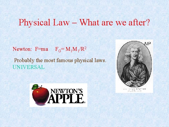 Physical Law – What are we after? Newton: F=ma FG= M 1 M 1/R