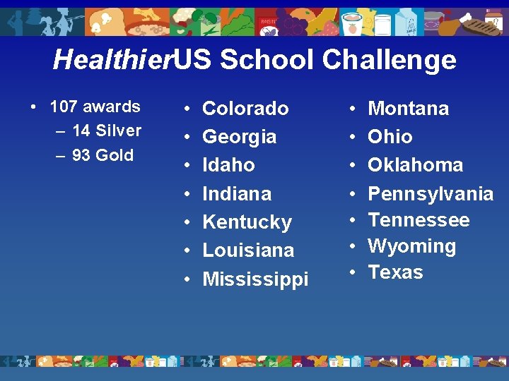 Healthier. US School Challenge • 107 awards – 14 Silver – 93 Gold •