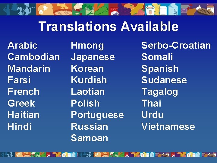 Translations Available Arabic Cambodian Mandarin Farsi French Greek Haitian Hindi Hmong Japanese Korean Kurdish