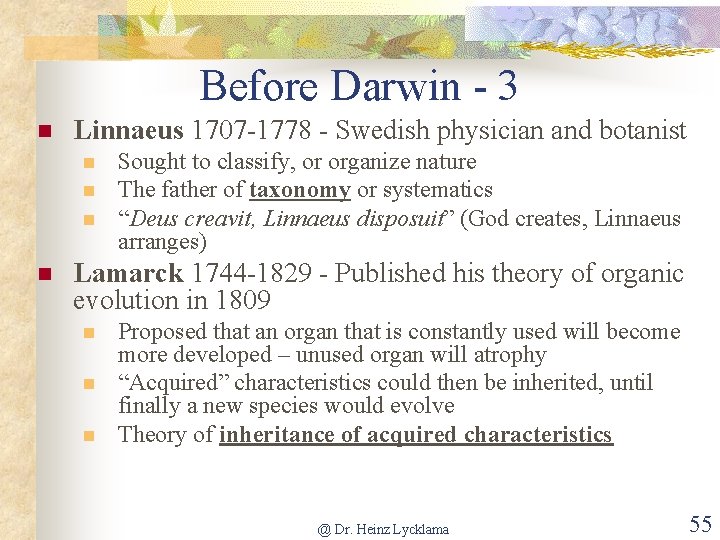 Before Darwin - 3 n Linnaeus 1707 -1778 - Swedish physician and botanist n