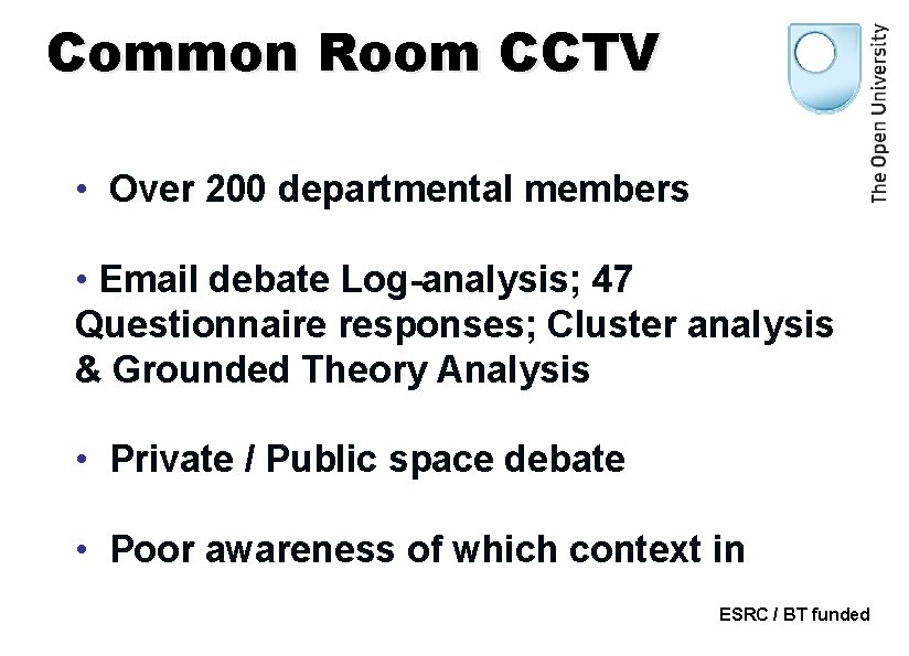 Common Room CCTV • Over 200 departmental members • Email debate Log-analysis; 47 Questionnaire