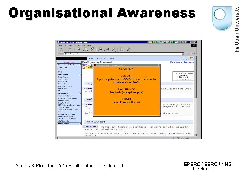 Organisational Awareness Adams & Blandford (’ 05) Health informatics Journal EPSRC / ESRC /