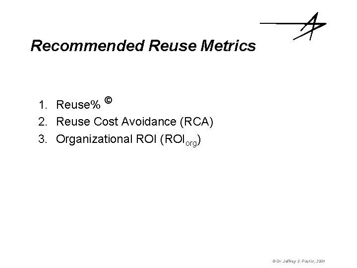 Recommended Reuse Metrics 1. Reuse% © 2. Reuse Cost Avoidance (RCA) 3. Organizational ROI