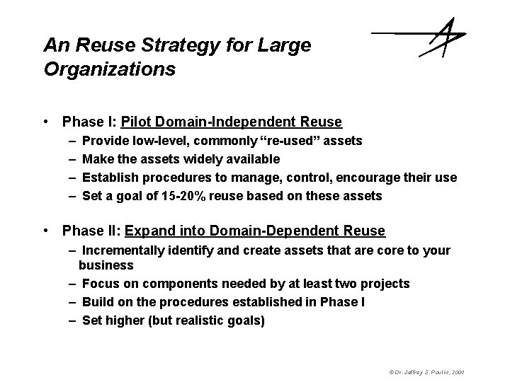 An Reuse Strategy for Large Organizations • Phase I: Pilot Domain-Independent Reuse – –