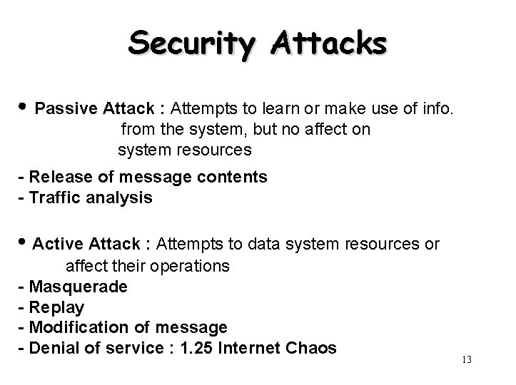 Security Attacks • Passive Attack : Attempts to learn or make use of info.