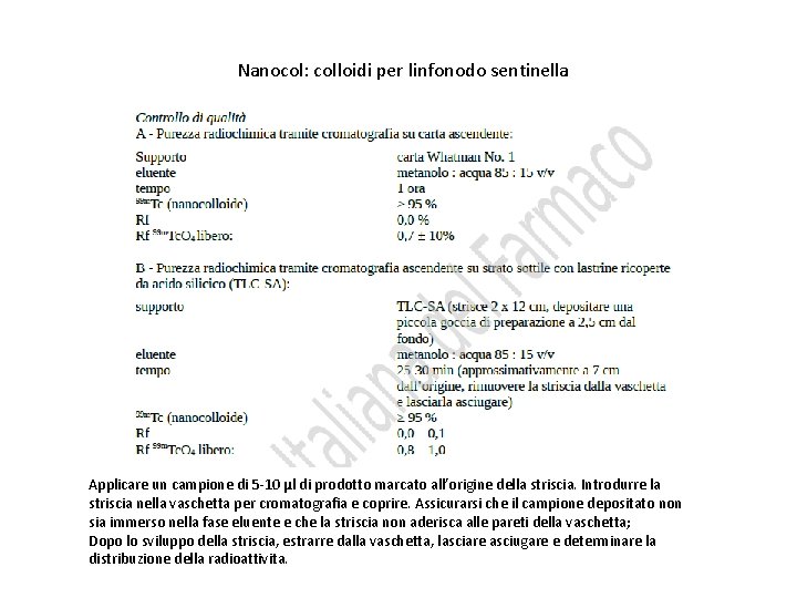 Nanocol: colloidi per linfonodo sentinella Applicare un campione di 5 -10 μl di prodotto