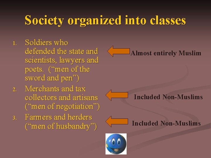 Society organized into classes 1. 2. 3. Soldiers who defended the state and scientists,