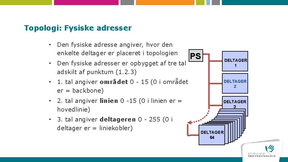 Topologi: Fysiske adresser • Den fysiske adresse angiver, hvor den enkelte deltager er placeret