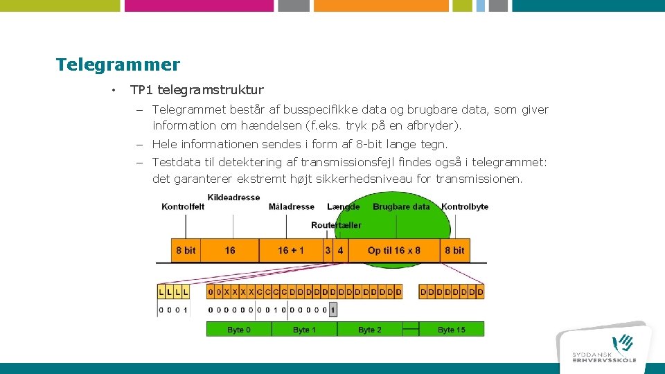 Telegrammer • TP 1 telegramstruktur – Telegrammet består af busspecifikke data og brugbare data,