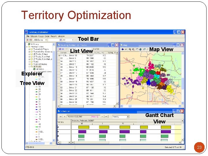 Territory Optimization Tool Bar List View Map View Explorer Tree View Gantt Chart View Territory Optimization Tool Bar List View Map View Explorer Tree View Gantt Chart View