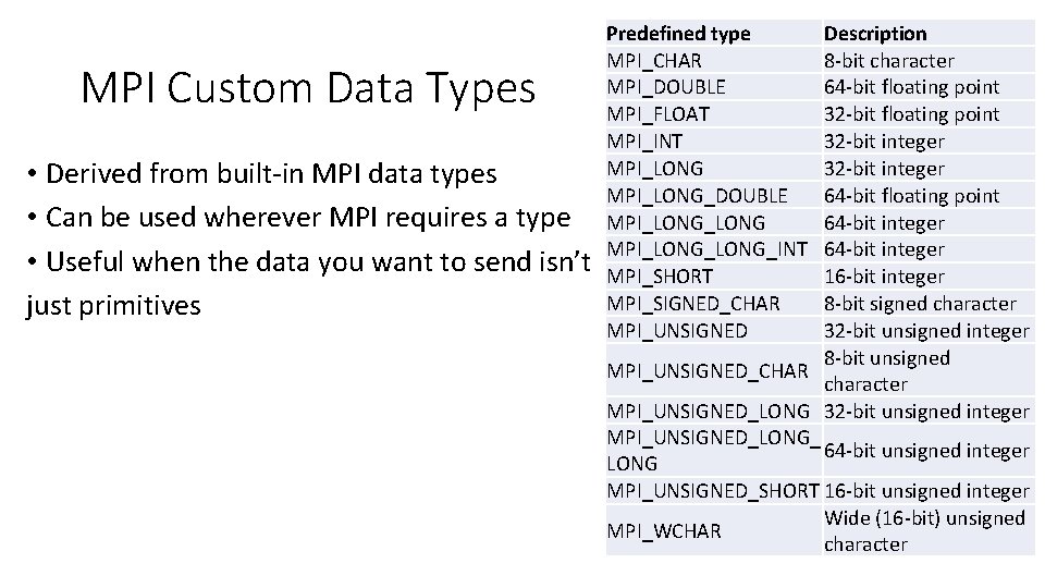 MPI Custom Data Types • Derived from built-in MPI data types • Can be