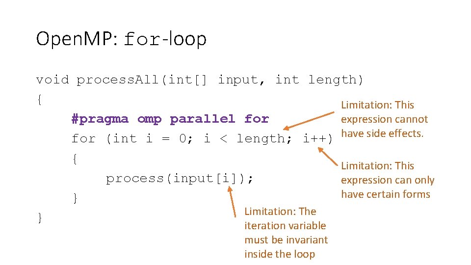 Open. MP: for-loop void process. All(int[] input, int length) { Limitation: This expression cannot