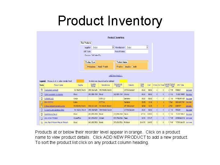 Product Inventory Products at or below their reorder level appear in orange. Click on