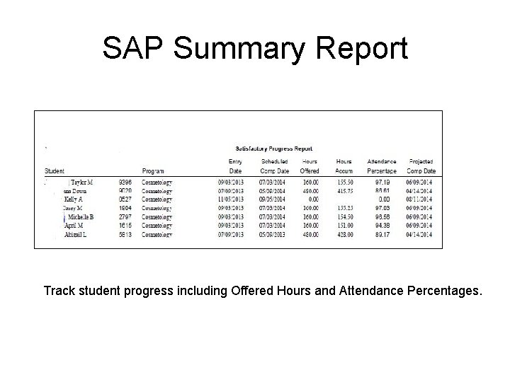 SAP Summary Report Track student progress including Offered Hours and Attendance Percentages. 