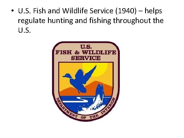  • U. S. Fish and Wildlife Service (1940) – helps regulate hunting and