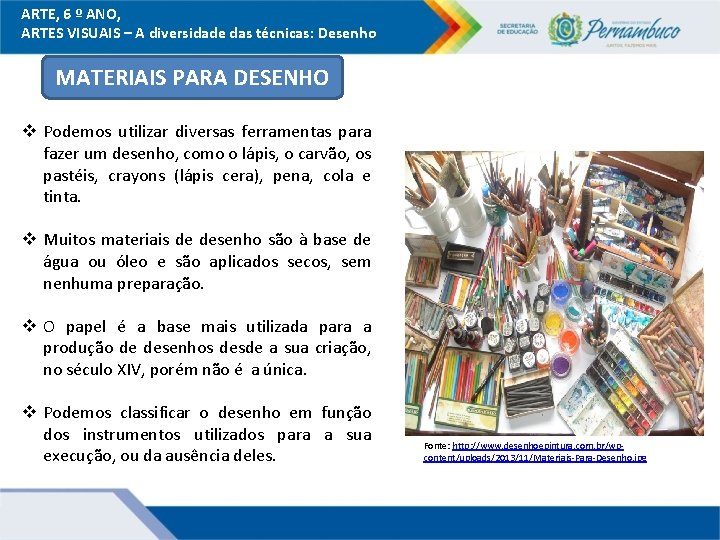 ARTE, 6 º ANO, ARTES VISUAIS – A diversidade das técnicas: Desenho MATERIAIS PARA