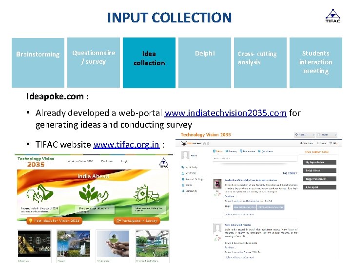 INPUT COLLECTION Brainstorming Questionnaire / survey Idea collection Delphi Crosscutting Cross- cutting analysis Students
