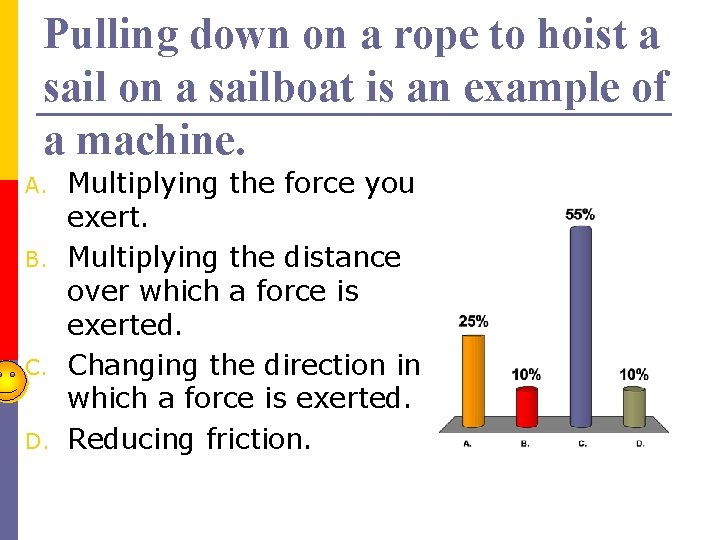 Pulling down on a rope to hoist a sail on a sailboat is an