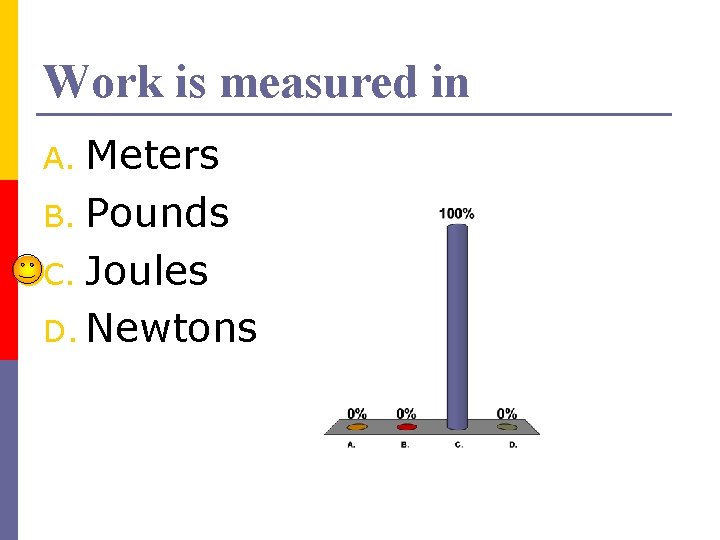 Work is measured in Meters B. Pounds C. Joules D. Newtons A. 