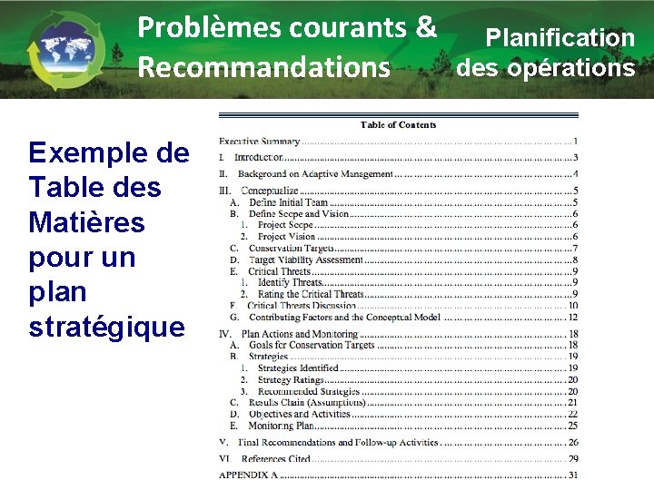 Problèmes courants & Recommandations Exemple de Table des Matières pour un plan stratégique Planification