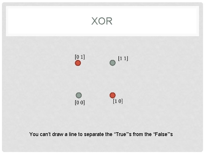 XOR You can’t draw a line to separate the “True”’s from the “False”’s 