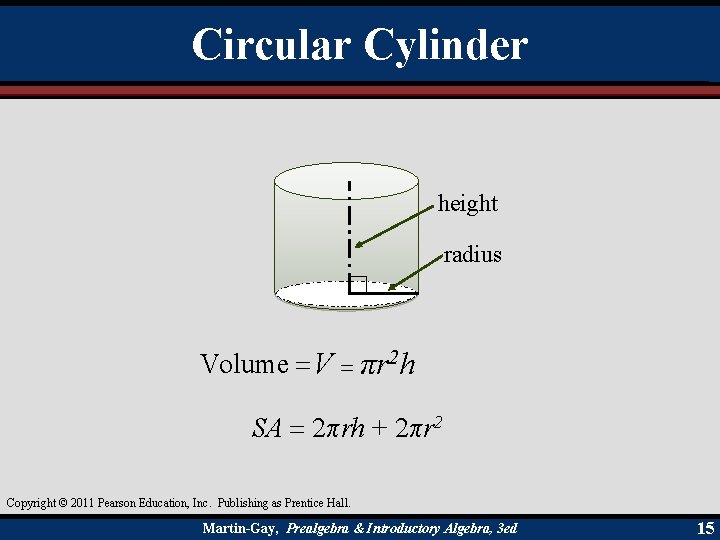 Circular Cylinder height radius Volume = V = πr 2 h SA = 2πrh