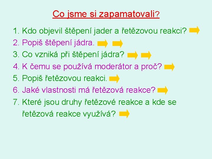 Co jsme si zapamatovali? 1. Kdo objevil štěpení jader a řetězovou reakci? 2. Popiš