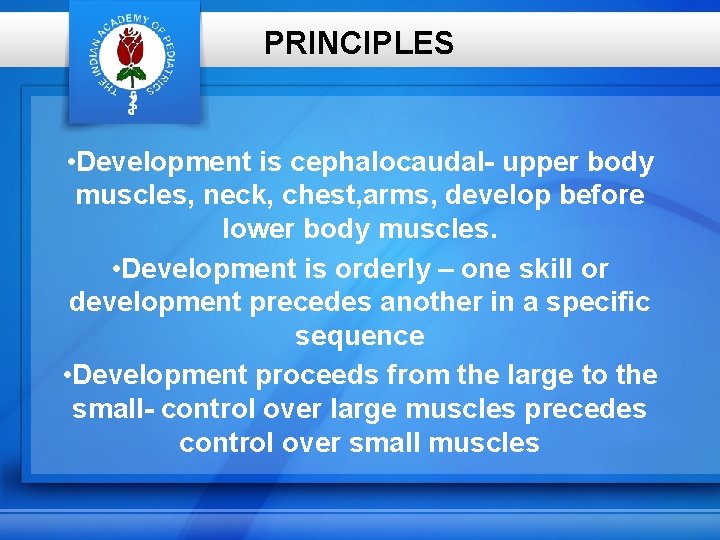 PRINCIPLES • Development is cephalocaudal- upper body muscles, neck, chest, arms, develop before lower