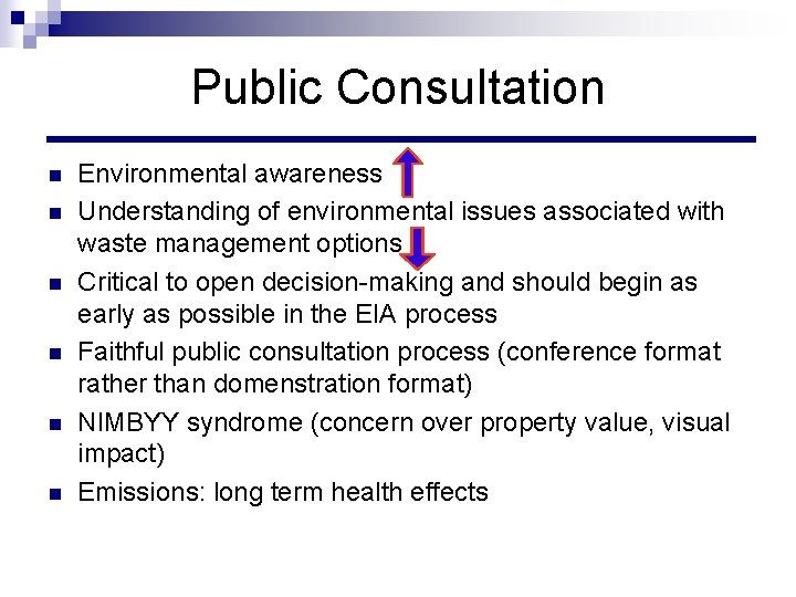 Public Consultation n n n Environmental awareness Understanding of environmental issues associated with waste