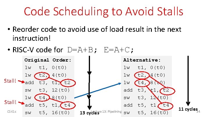 Code Scheduling to Avoid Stalls • Reorder code to avoid use of load result