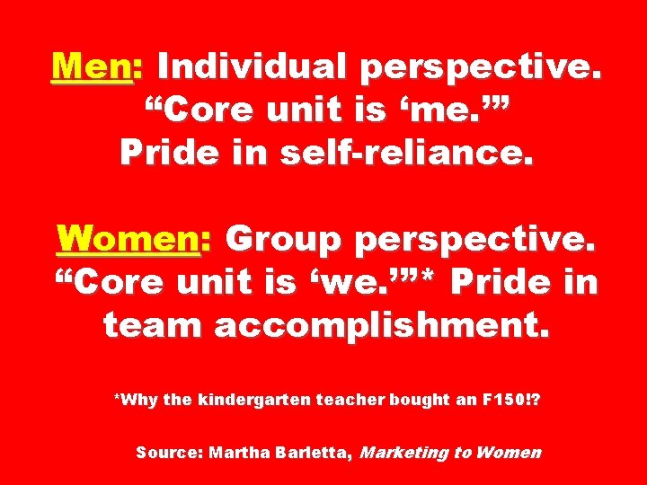 Men: Individual perspective. “Core unit is ‘me. ’” Pride in self-reliance. Women: Group perspective.