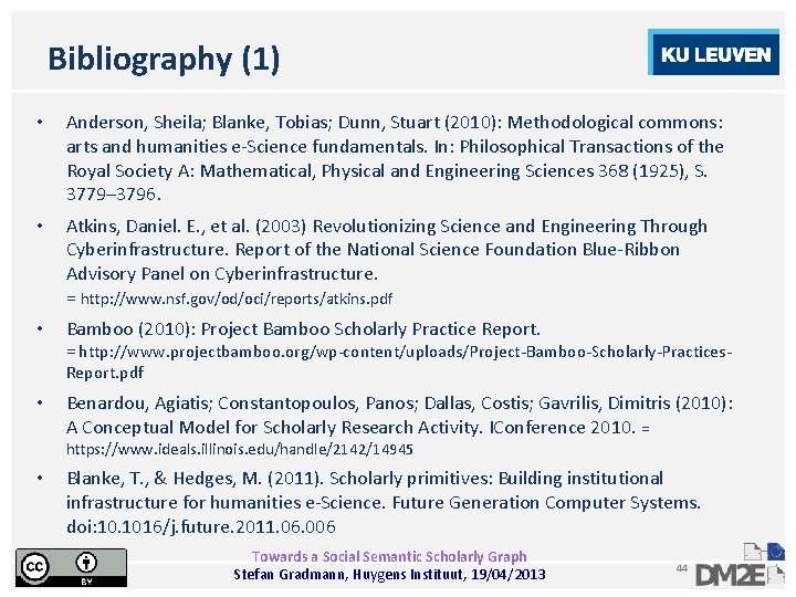 Bibliography (1) • Anderson, Sheila; Blanke, Tobias; Dunn, Stuart (2010): Methodological commons: arts and