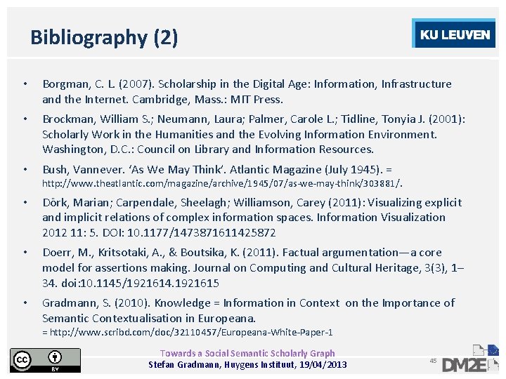 Bibliography (2) • Borgman, C. L. (2007). Scholarship in the Digital Age: Information, Infrastructure