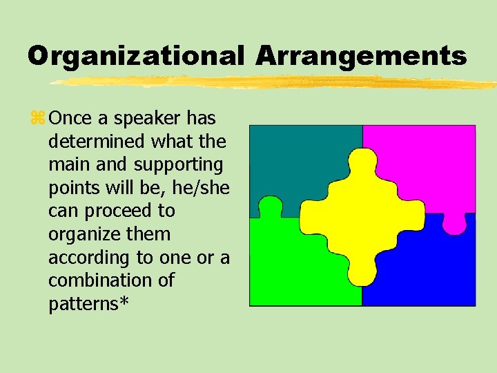 Organizational Arrangements z Once a speaker has determined what the main and supporting points