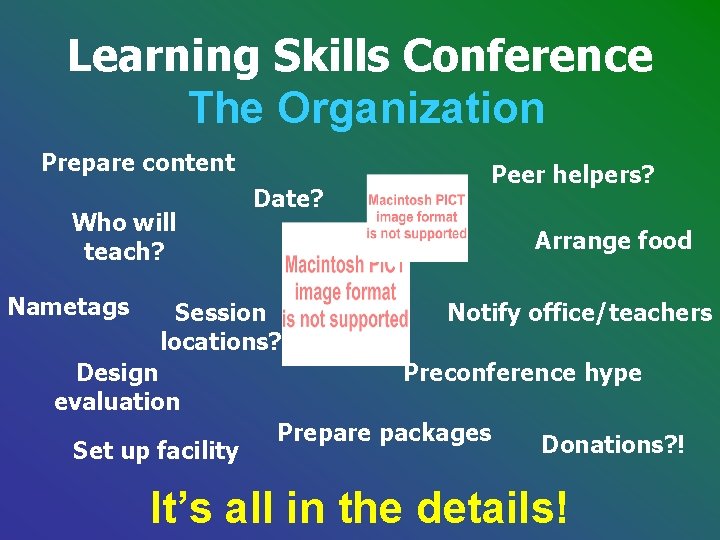 Learning Skills Conference The Organization Prepare content Who will teach? Nametags Date? Arrange food Learning Skills Conference The Organization Prepare content Who will teach? Nametags Date? Arrange food
