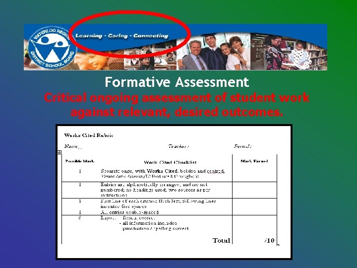 Formative Assessment Critical ongoing assessment of student work against relevant, desired outcomes. Formative Assessment Critical ongoing assessment of student work against relevant, desired outcomes.