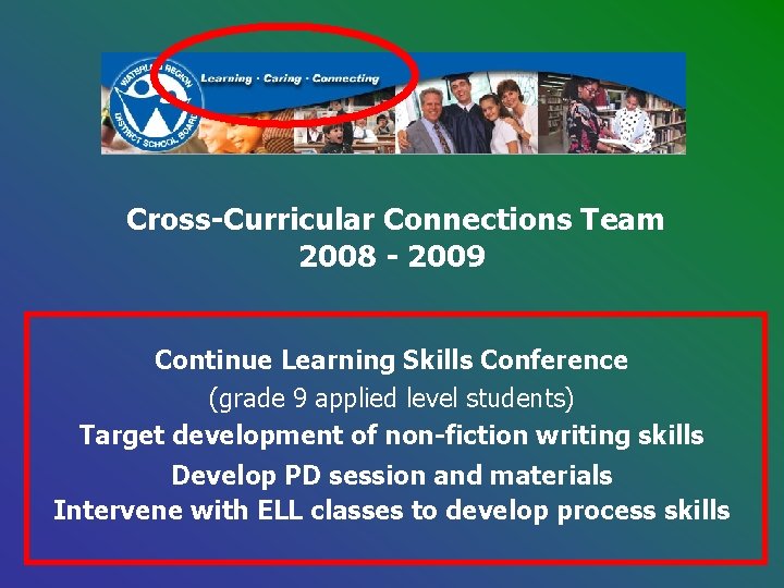 Cross-Curricular Connections Team 2008 - 2009 Continue Learning Skills Conference (grade 9 applied level Cross-Curricular Connections Team 2008 - 2009 Continue Learning Skills Conference (grade 9 applied level