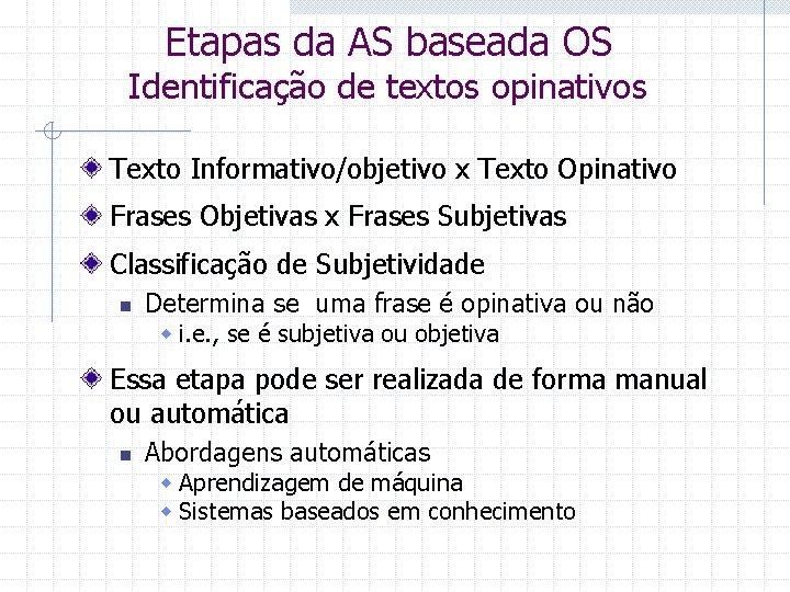 Etapas da AS baseada OS Identificação de textos opinativos Texto Informativo/objetivo x Texto Opinativo