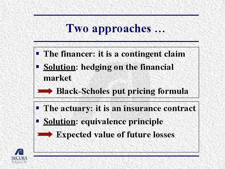 Two approaches … § The financer: it is a contingent claim § Solution: hedging