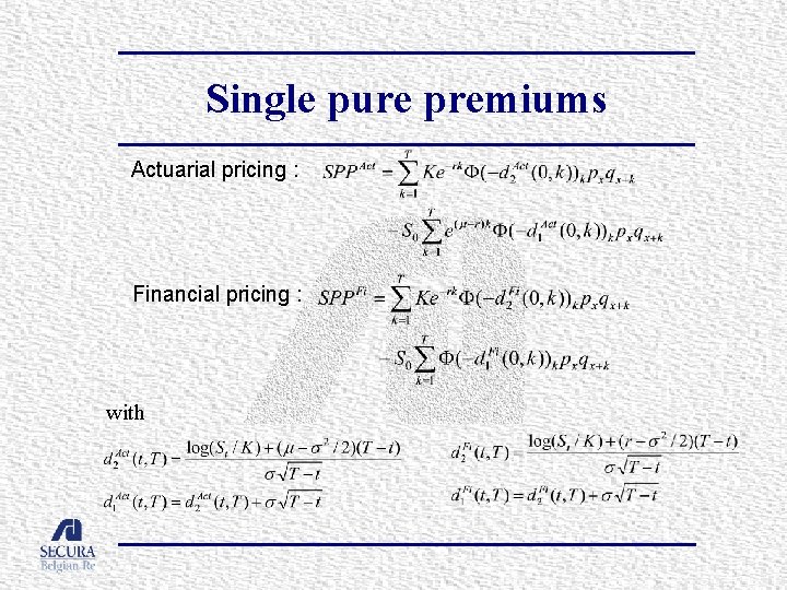 Single pure premiums Actuarial pricing : Financial pricing : with 