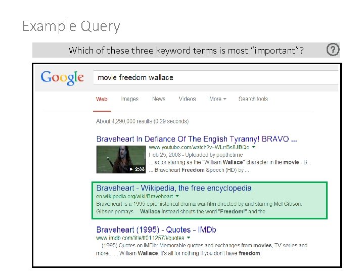 Example Query Which of these three keyword terms is most “important”? Example Query Which of these three keyword terms is most “important”?