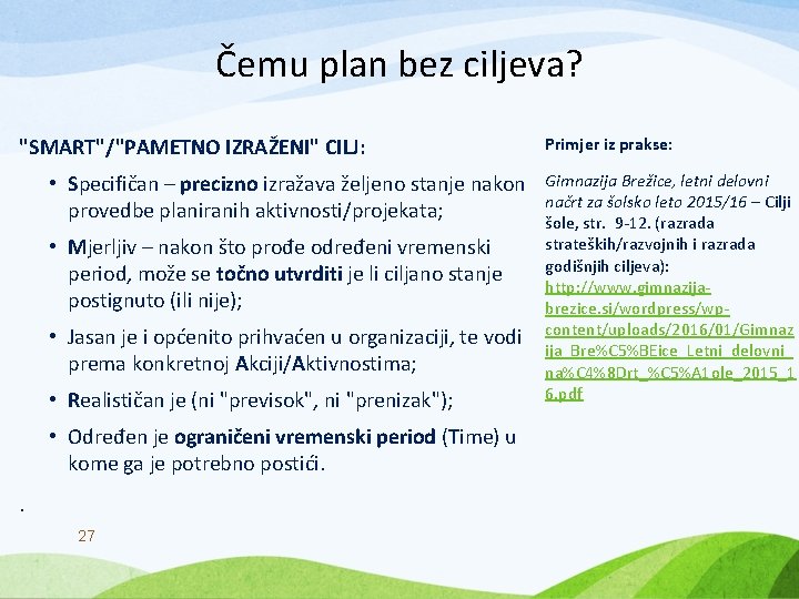 Čemu plan bez ciljeva? "SMART"/"PAMETNO IZRAŽENI" CILJ: • Specifičan – precizno izražava željeno stanje