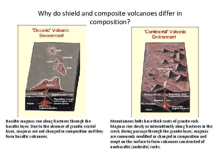 Why do shield and composite volcanoes differ in composition? Basaltic magmas rise along fractures