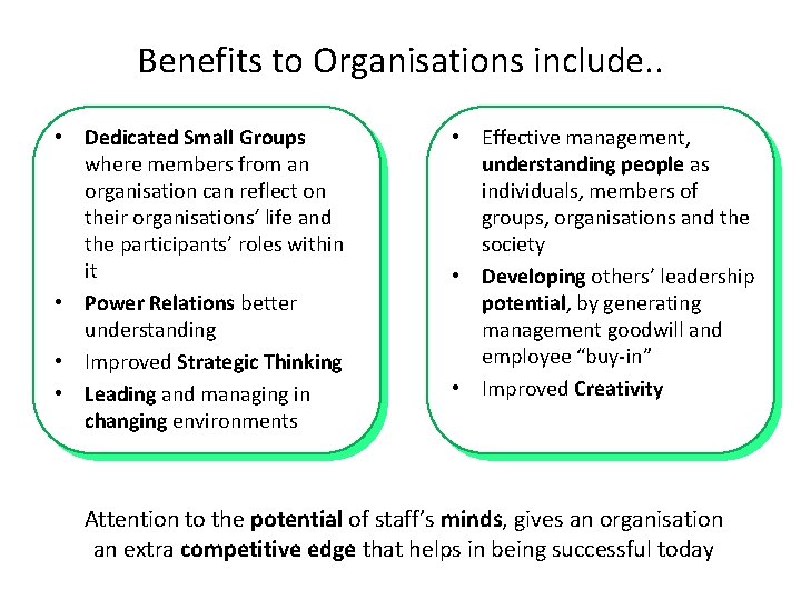 Benefits to Organisations include. . • Dedicated Small Groups where members from an organisation