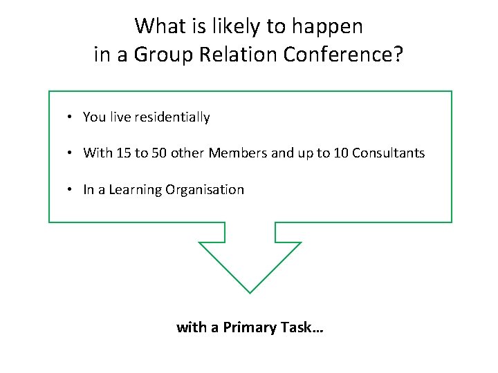 What is likely to happen in a Group Relation Conference? • You live residentially