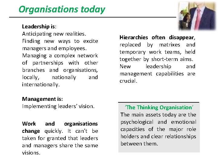 Organisations today Leadership is: Anticipating new realities. Finding new ways to excite managers and