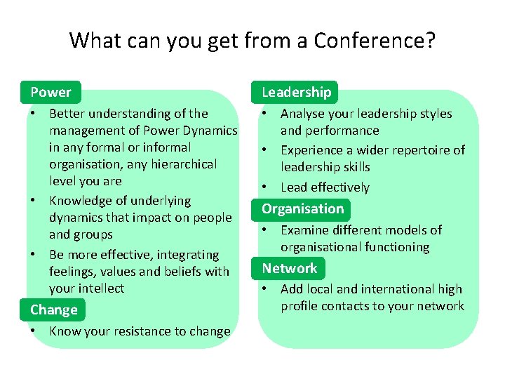 What can you get from a Conference? Power Leadership • Better understanding of the